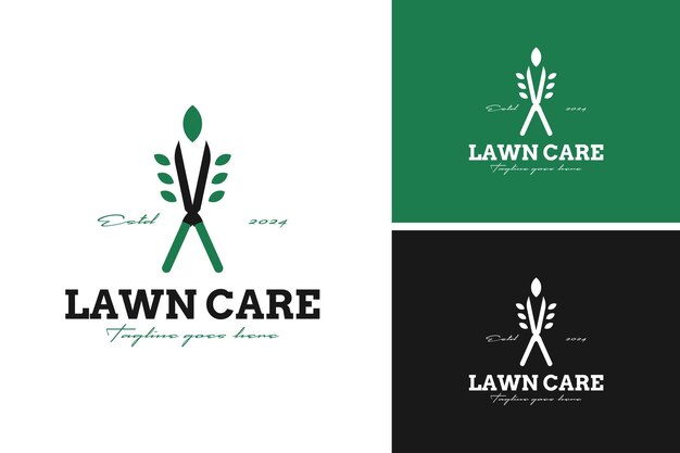 Vector de diseño de logotipo tijeras y hojas para el cuidado del césped
