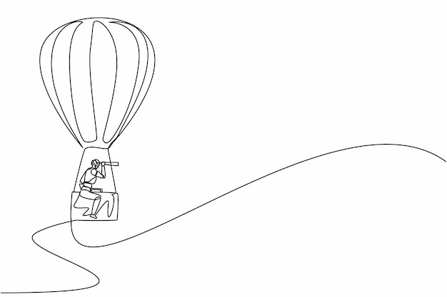 Vector de diseño de maletas de globo de aire caliente con robots de dibujo de línea continua con monoculares