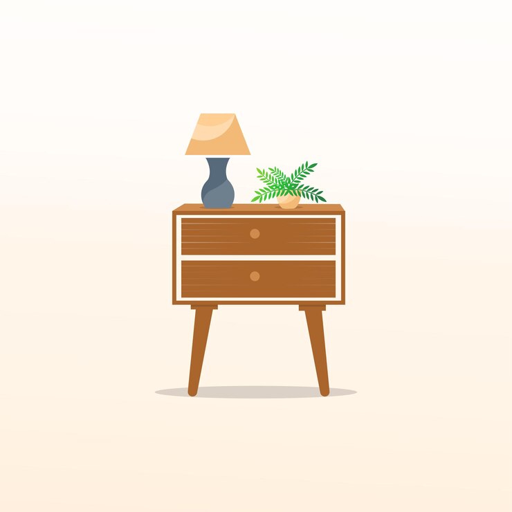 Vector vector de diseño de mesa de noche con una lámpara de mesa y plantas de interior en un fondo aislado