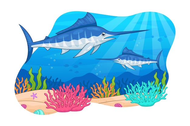 Vector vector de diseño de océano submarino de ilustración de dibujos animados de marlin azul