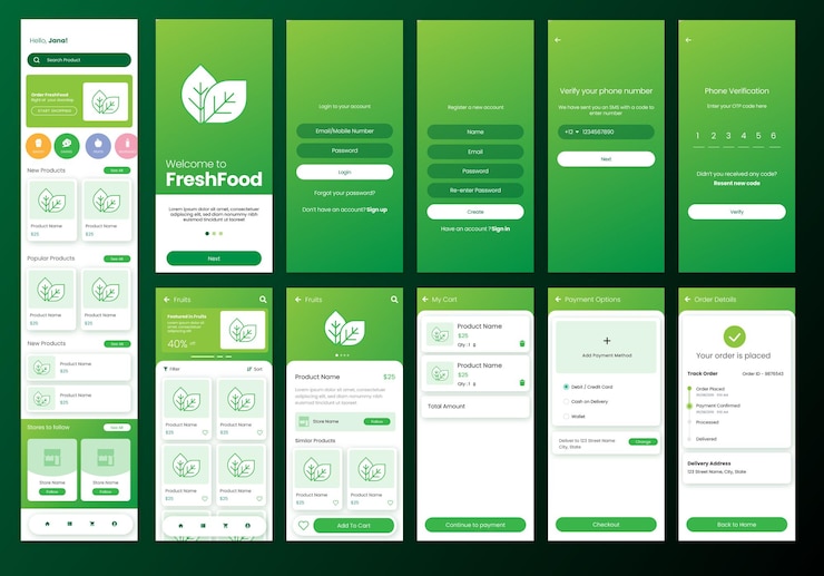 Vector vector de diseño de pantallas de aplicaciones móviles de compras de alimentos frescos en un fondo verde. diseño de interfaz de usuario de la aplicación de compras