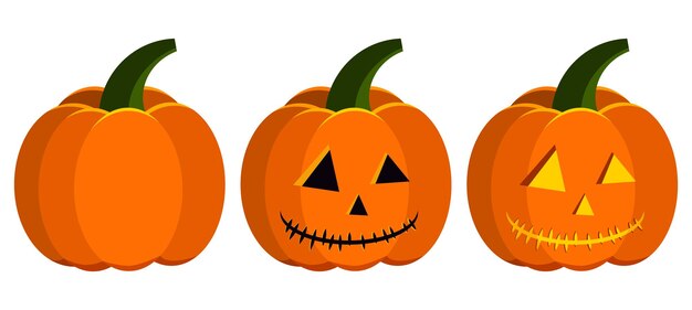 Vector de diseño plano calabaza halloween tallado etapas conjunto de iconos - vegetal, tallado, jack lantern con luz interior.