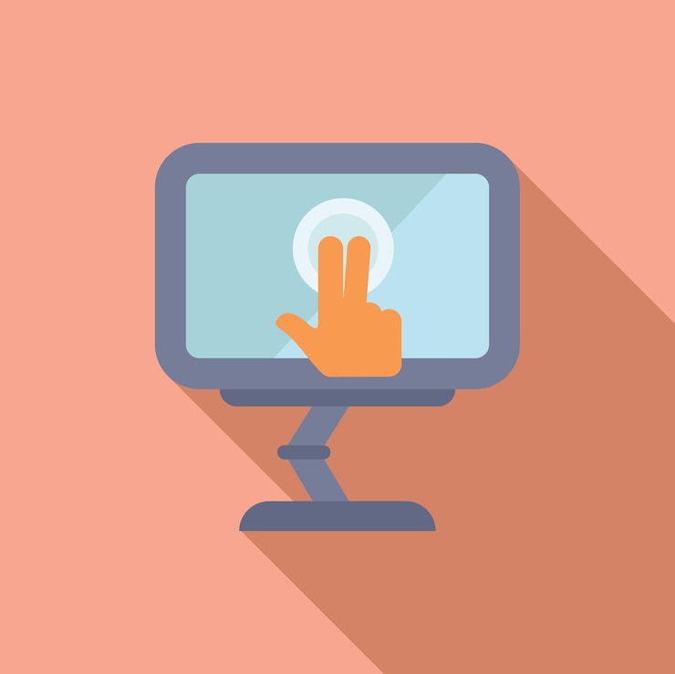 Vector vector de diseño plano de un cursor de mano que hace clic en un monitor de computadora que implica la interacción del usuario