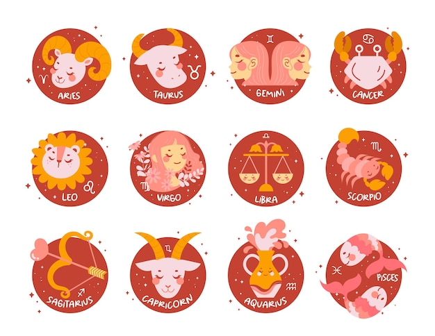 Vector vector de diseño plano cute kawaii horóscopo del zodiaco colección de signos de astrología