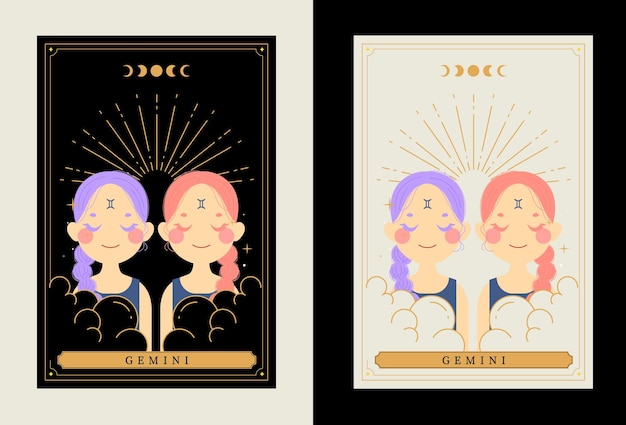 Vector vector de diseño plano kawaii gemini horóscopo del zodiaco colección de signos de astrología