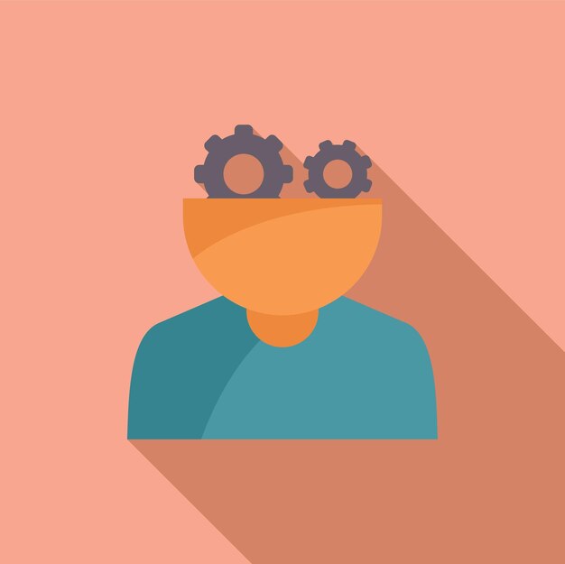 Vector de diseño plano de una persona con engranajes para cerebros que simbolizan la creatividad y el proceso mental