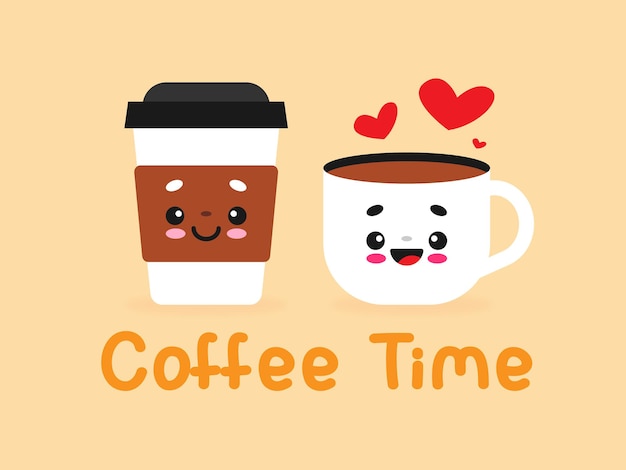 Vector de diseño plano de tiempo de descanso de café lindo personaje de taza de café y taza