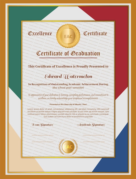 Vector de diseño de plantilla de certificado de graduación multicolor vertical decorado con marca de agua