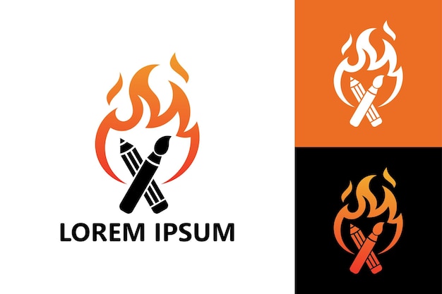 Vector de diseño de plantilla de logotipo de pincel y lápiz de fuego de arte caliente