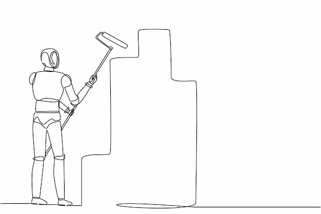 Vector de diseño de renovación de reparación de viviendas con robot de dibujo continuo de una línea para pintar la pared con rodillo