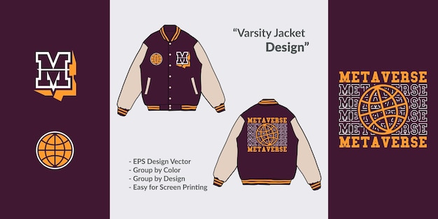 Vector de diseño de ropa de calle de tema de metaverso premium bordado de chaqueta varsity