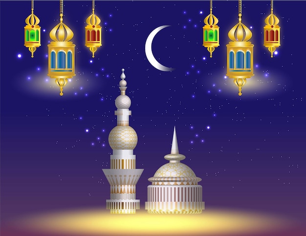 Vector de diseño de tarjeta Eid Kareem en blanco con linternas de estrellas de mezquita y estrellas brillantes en vista nocturna