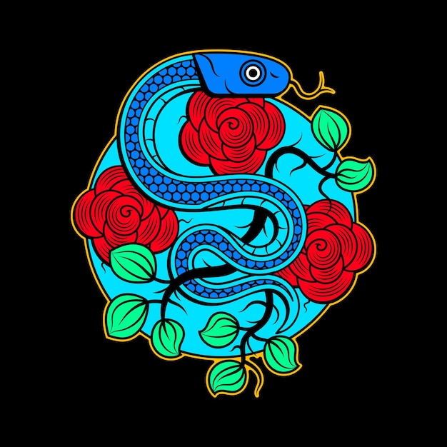 Vector de diseño de tatuaje de serpiente y calavera con banner y flor