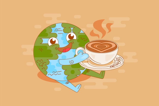 Vector vector de disfrute del tiempo de la pausa del café del planeta tierra. globo sonriente divertido que sostiene la taza con un delicioso capuchino o café con leche. ilustración de dibujos animados plana de bebida de energía aromática de bebida de personaje
