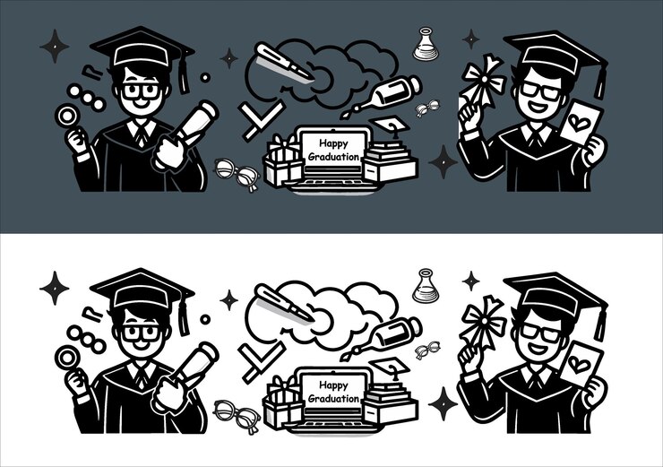 Vector vector de diversos jóvenes estudiantes celebrando su graduación con la ilustración del conjunto de sombreros de diploma