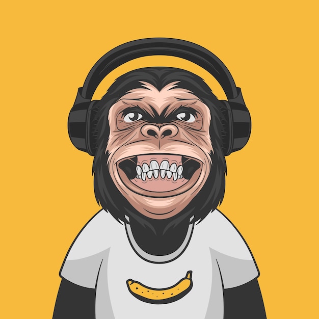 Vector vector divertido chimpancé sonriente mono con auriculares y plátano en su camiseta sobre fondo amarillo mono feliz para arte de pared camiseta impresión cartel dibujos animados lindo chimpancé mono