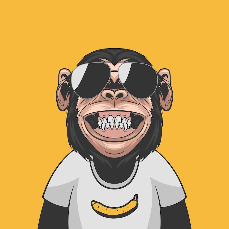 Vector vector divertido chimpancé sonriente mono con gafas de sol y plátano en su camiseta sobre fondo amarillo mono feliz para arte de pared camiseta impresión cartel dibujos animados lindo chimpancé mono