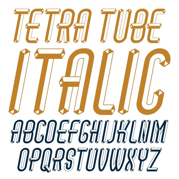 Vector divertido colección de letras del alfabeto inglés capital. La fuente condensada en cursiva retro, el guión de la a a la z se puede utilizar en el arte del afiche. Fabricado con diseño de tetratubo 3d, estilo industrial.