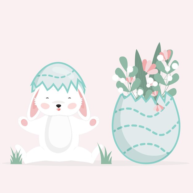 Vector divertido conejito de Pascua en cáscara de huevo azul con flores