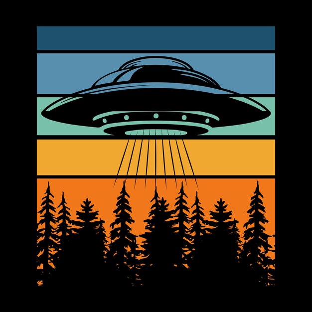 Vector divertido diseño de camiseta alienígena ovni retro atardecer vintage