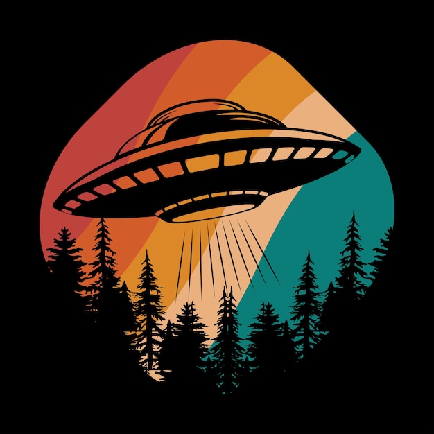 Vector divertido diseño de camiseta alienígena ovni retro atardecer vintage
