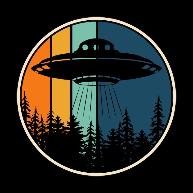 Vector divertido diseño de camiseta alienígena ovni retro atardecer vintage
