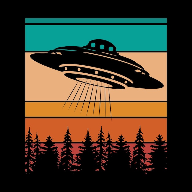 Vector divertido diseño de camiseta alienígena ovni retro atardecer vintage