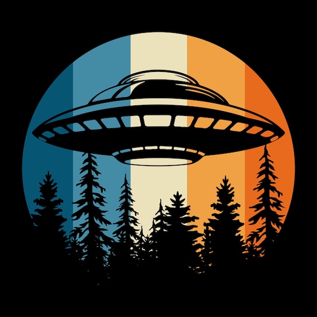 Vector divertido diseño de camiseta alienígena ovni retro atardecer vintage