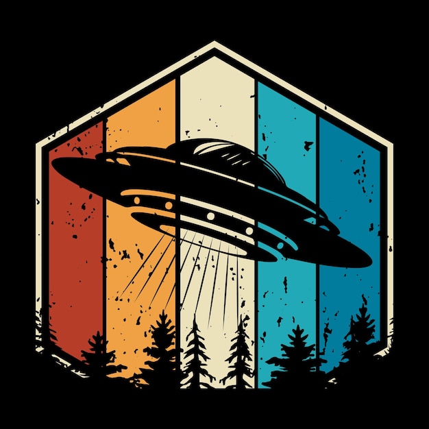 Vector divertido diseño de camiseta alienígena ovni retro atardecer vintage