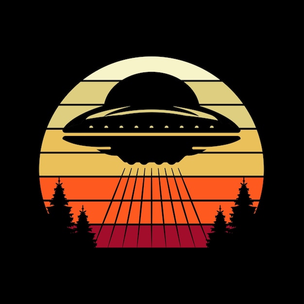 Vector divertido diseño de camiseta alienígena ovni retro atardecer vintage
