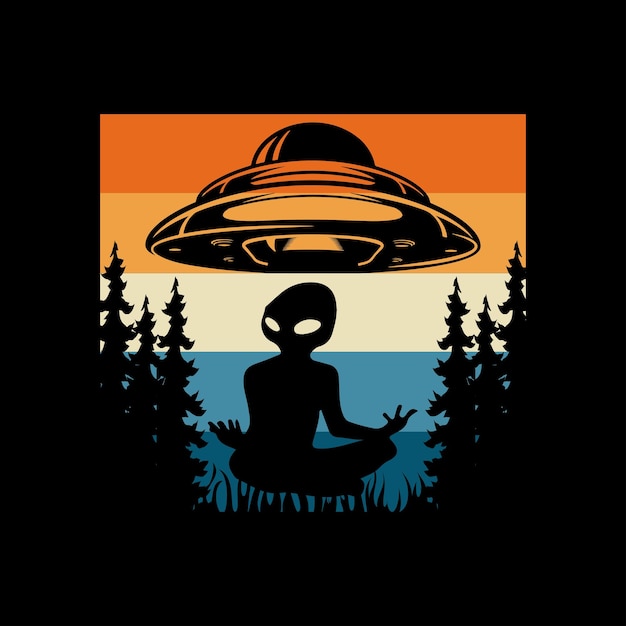Vector divertido diseño de camiseta alienígena ovni retro atardecer vintage