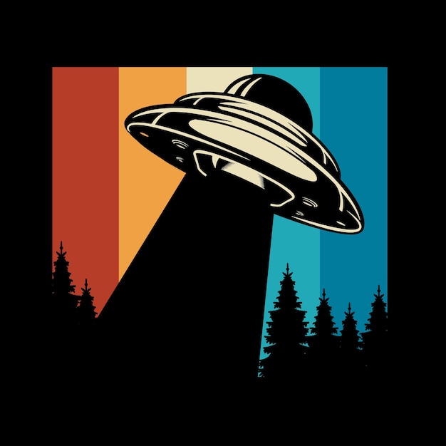 Vector divertido diseño de camiseta alienígena ovni retro atardecer vintage
