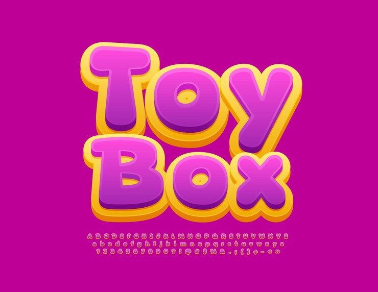 Vector vector divertido emblema caja de juguetes brillante niños fuente colorida letras del alfabeto números y símbolos