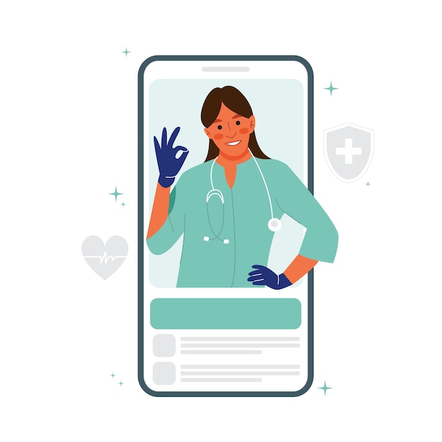 Vector de una doctora posando ok dentro de la aplicación de salud móvil