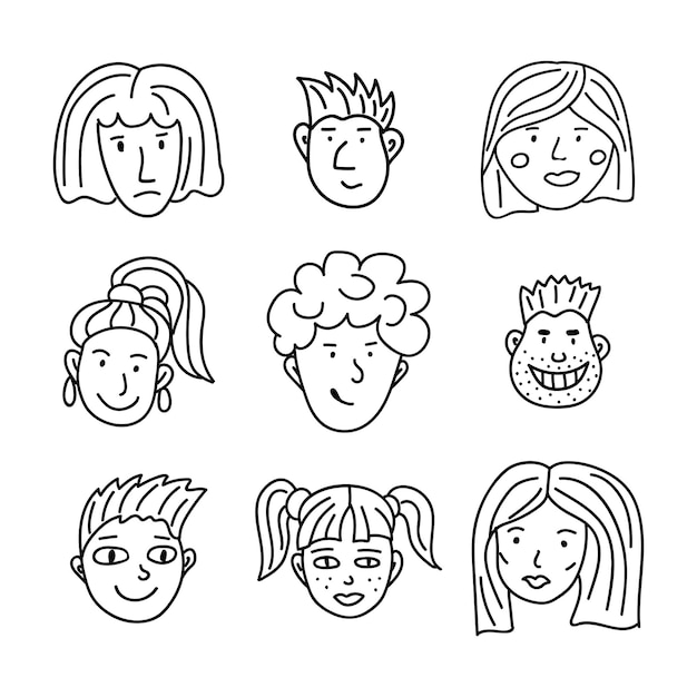 Vector doodle conjunto personas cara línea arte dibujado a mano iconos de cabezas humanas