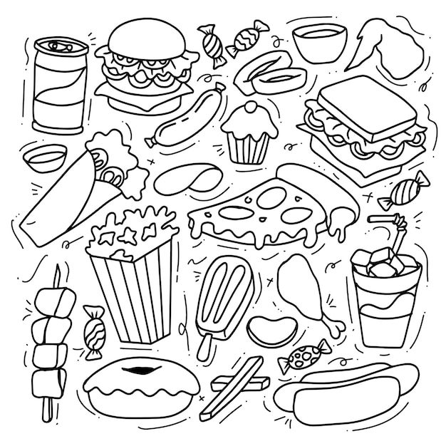 Vector de doodle de contorno de comida rápida