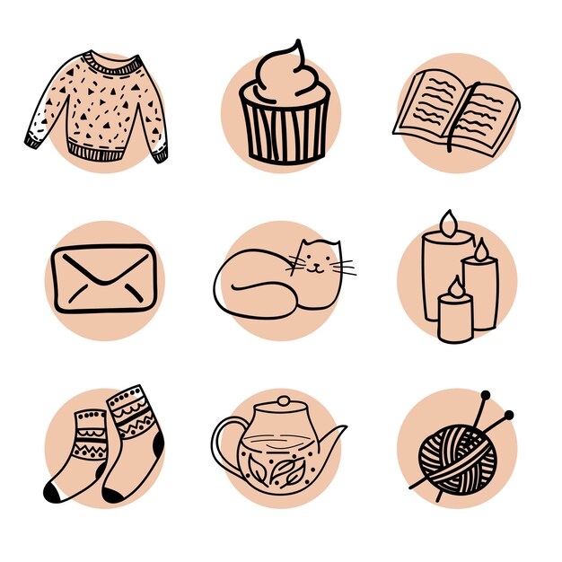 Vector doodle Cozy home hygge conjunto de iconos de invierno