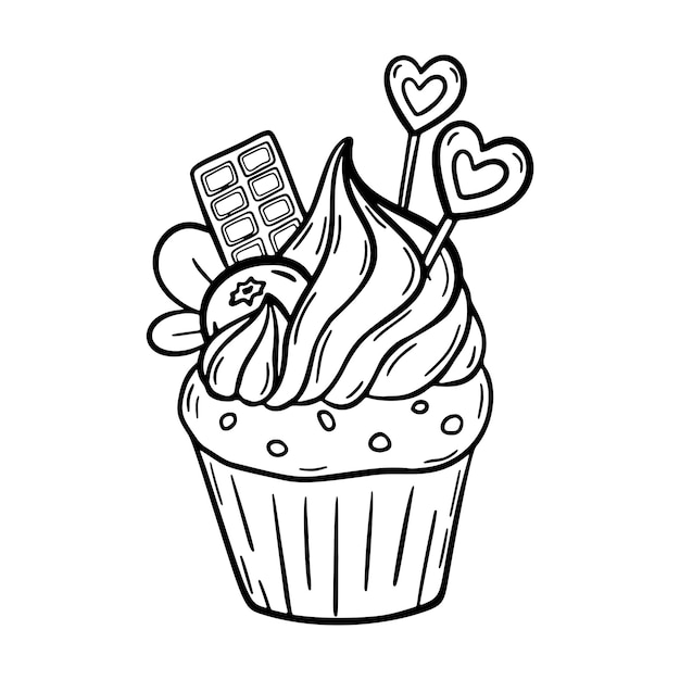 Vector doodle cupcake con crema dulce postre de año nuevo con galletas y bayas aisladas en blanco b