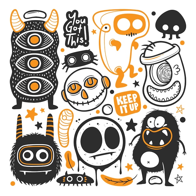 Vector de doodle dibujado a mano divertido monstruo