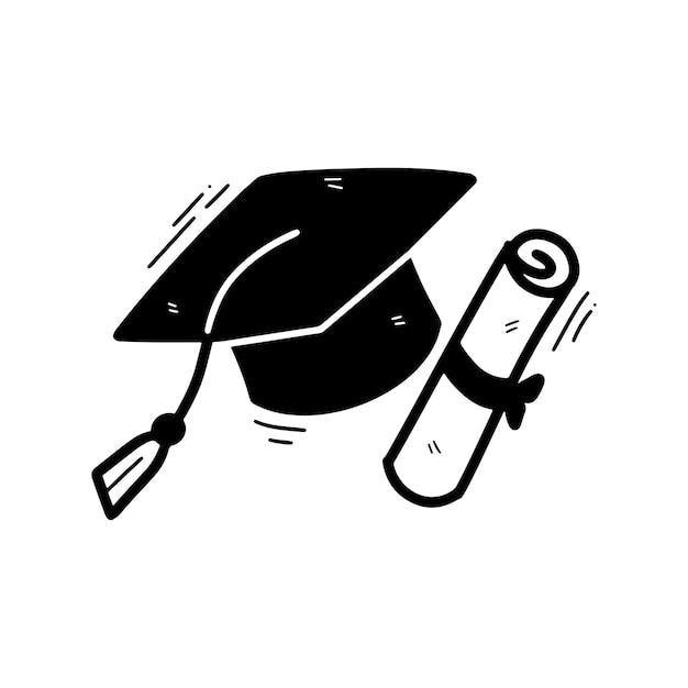 Vector vector de doodle de ilustración de certificado y gorro de graduación dibujado a mano