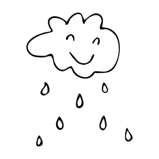 Vector doodle nube sonriente con gotas de lluvia imagen simple aislada sobre fondo blanco