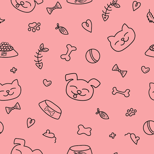 Vector doodle patrón de comida para mascotas perros gatos