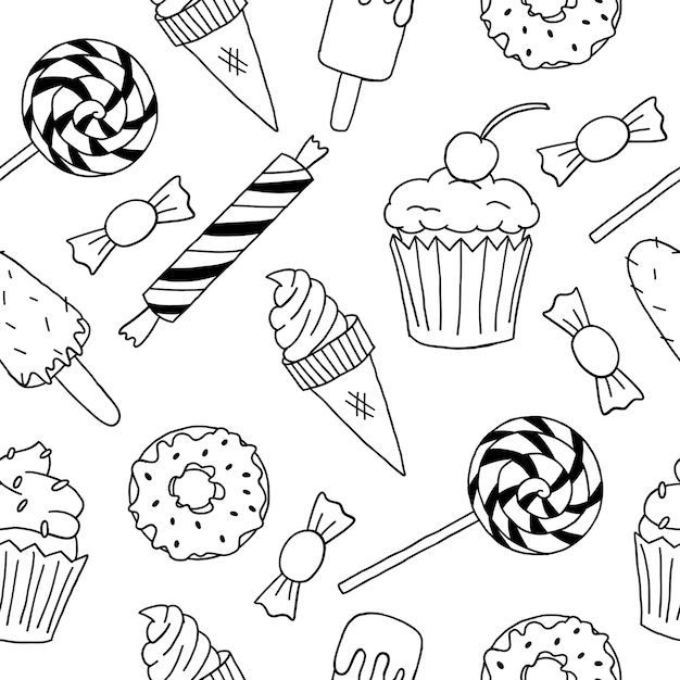 Vector doodle de patrones sin fisuras con horneado y dulces Ilustración de alimentos dulces