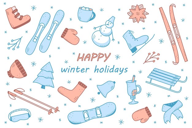 Vector de Doodle de ropa y elementos de invierno. El concepto de vacaciones de invierno año nuevo y Navidad.