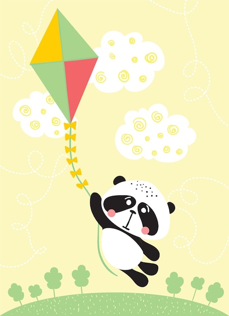 Vector doodle simple tarjeta de felicitación con color lindo panda y cometa