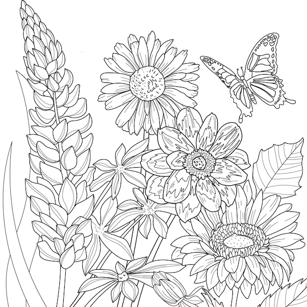 Vector doodle trazo gráfico dibujado a mano con lápiz arte de línea colorear flores silvestres mariposa floral