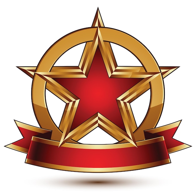 Vector dorado estilizado símbolo redondo con estrella pentagonal glamorosa roja, insignia Clear EPS 8, aislado sobre fondo blanco. Mejor para su uso en web y diseño gráfico. Objeto glorioso con listón curvo rojo