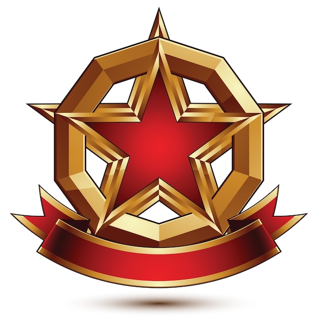 Vector dorado estilizado símbolo redondo con estrella pentagonal glamorosa roja, insignia Clear EPS 8, aislado sobre fondo blanco. Mejor para su uso en web y diseño gráfico. Objeto glorioso con listón curvo rojo