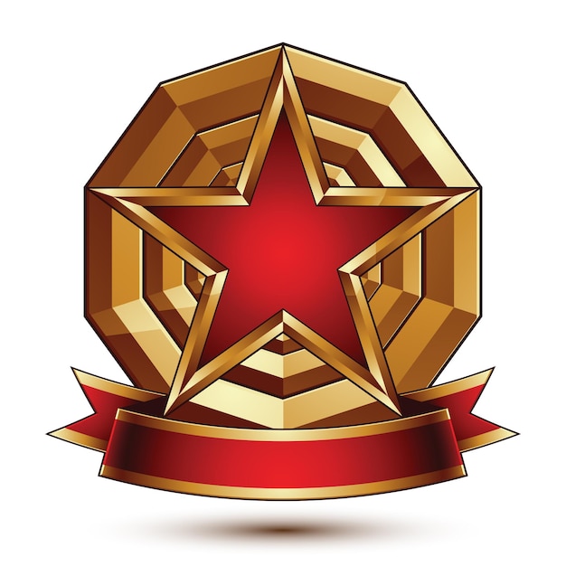 Vector dorado estilizado símbolo redondo con estrella pentagonal glamorosa roja, insignia Clear EPS 8, aislado sobre fondo blanco. Mejor para su uso en web y diseño gráfico. Objeto glorioso con listón curvo rojo
