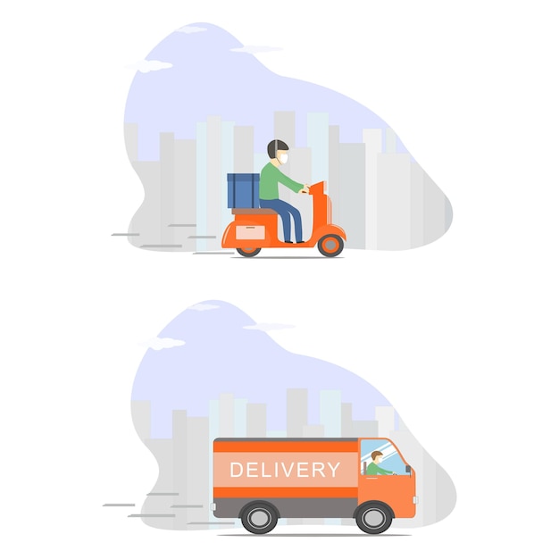 Vector vector dos hombres usan servicio de entrega de envío de mascarillas en motocicleta y furgoneta truck deliver